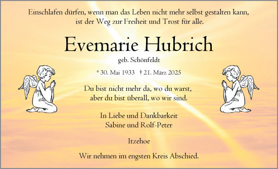 Traueranzeige von Evemarie Hubrich von Norddeutsche Rundschau, Wilstersche Zeitung, Glückstädter Fortuna