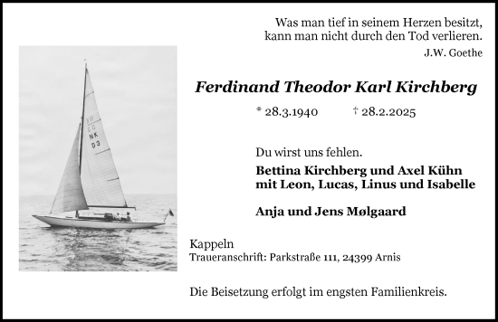 Traueranzeige von Ferdinand Theodor Karl Kirchberg von Schleswiger Nachrichten, Schlei-Bote