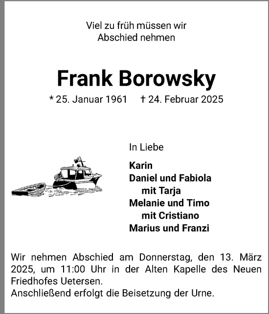Traueranzeige von Frank Borowsky von Uetersener Nachrichten, Der tip am Wochenende