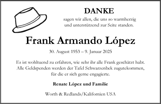 Traueranzeige von Frank Armando Lopez von Wochenend Anzeiger
