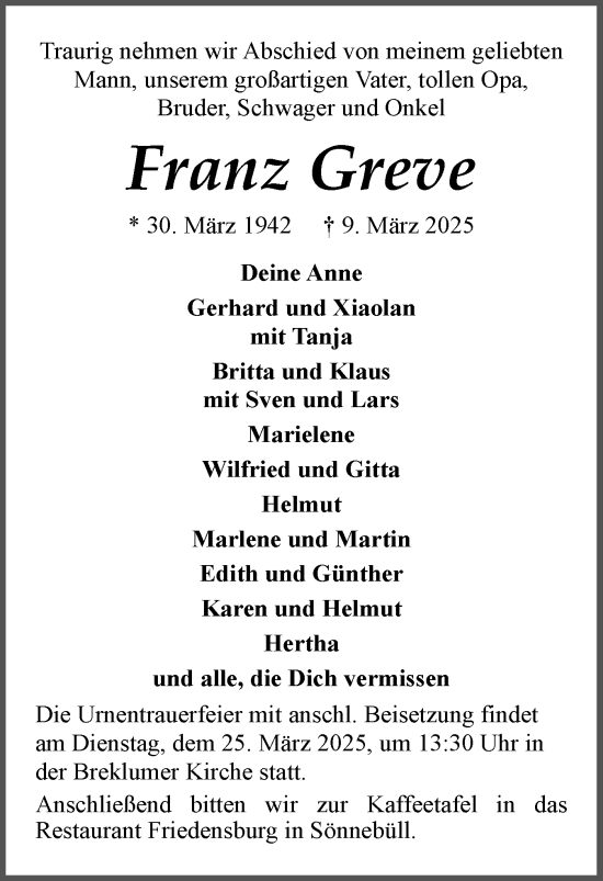 Traueranzeige von Franz Greve von Husumer Nachrichten, Nordfriesland Tageblatt