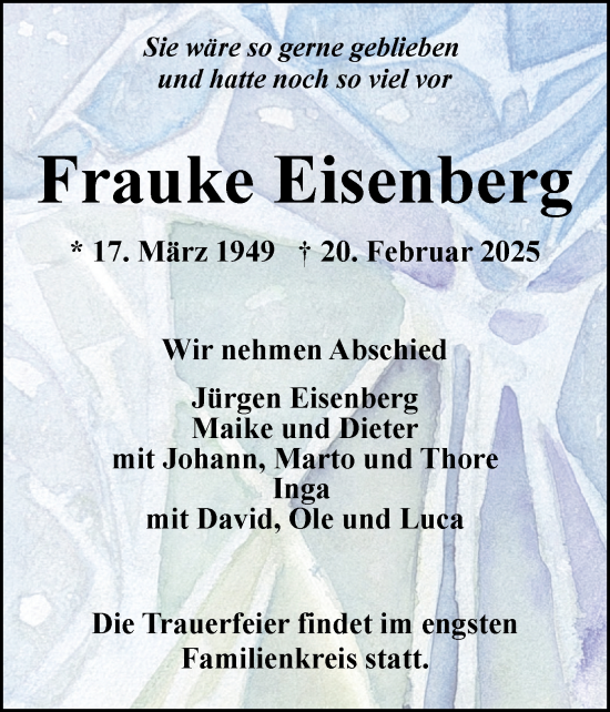 Traueranzeige von Frauke Eisenberg von Husumer Nachrichten, Nordfriesland Tageblatt