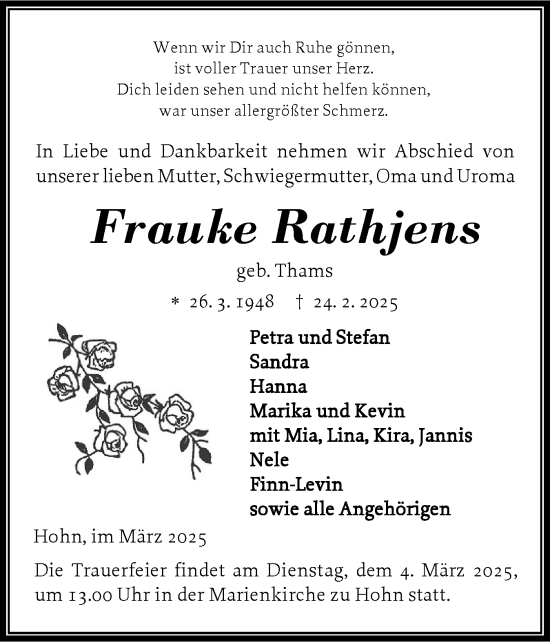 Traueranzeige von Frauke Rathjens von Schleswig-Holsteinische Landeszeitung