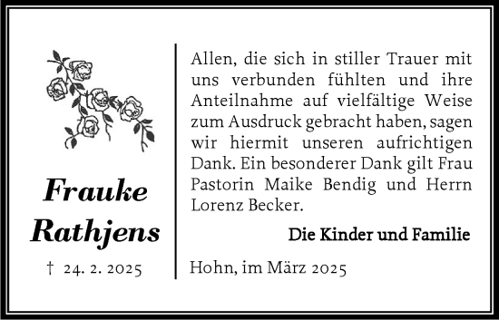 Traueranzeige von Frauke Rathjens von Schleswig-Holsteinische Landeszeitung