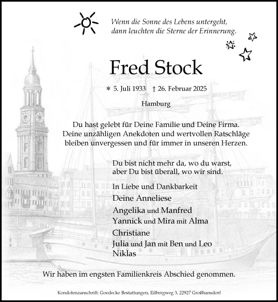 Traueranzeige von Fred Stock von MARKT Ahrensburg/Bargteheide/Trittau und Stormarner Tageblatt