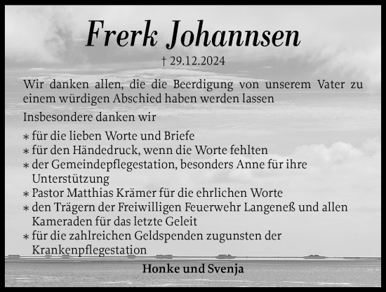 Traueranzeige von Frerk Johannsen von Husumer Nachrichten, Nordfriesland Tageblatt