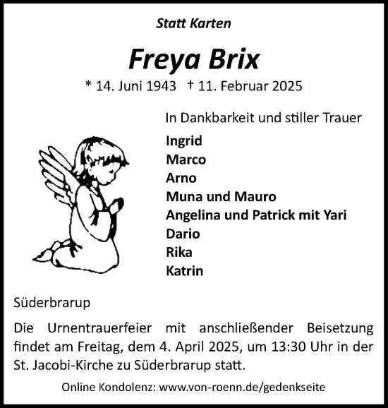 Traueranzeige von Freya Brix von Schleswiger Nachrichten, Schlei-Bote