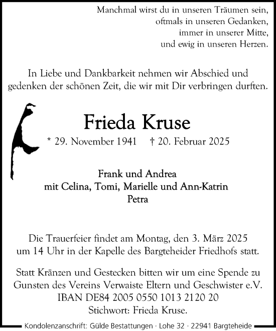 Traueranzeige von Frieda Kruse von MARKT Ahrensburg/Bargteheide/Trittau und Stormarner Tageblatt