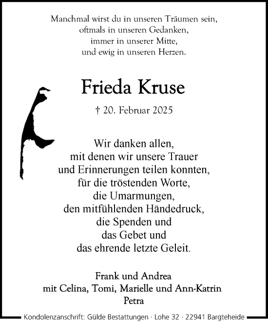 Traueranzeige von Frieda Kruse von MARKT Ahrensburg/Bargteheide/Trittau und Stormarner Tageblatt