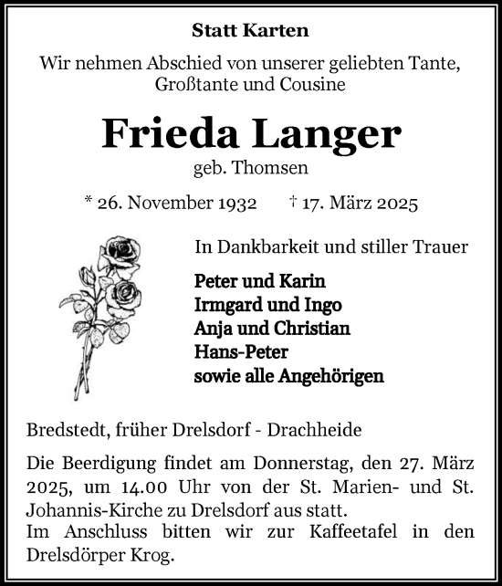 Traueranzeige von Frieda Langer von Husumer Nachrichten, Nordfriesland Tageblatt