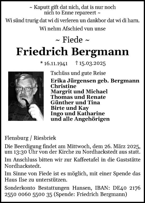 Traueranzeige von Friedrich Bergmann von Region Flensburg
