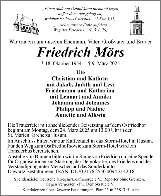 Traueranzeige von Friedrich Mörs von Husumer Nachrichten, Nordfriesland Tageblatt