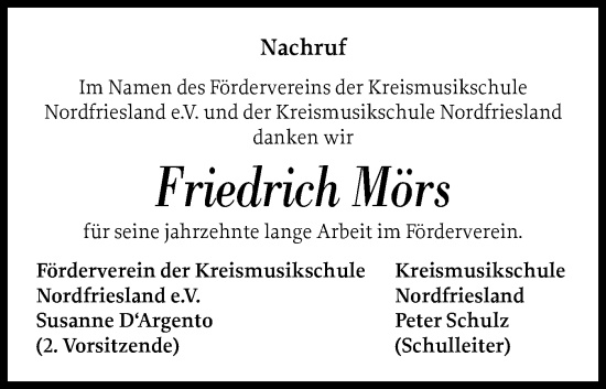 Traueranzeige von Friedrich Mörs von Husumer Nachrichten, Nordfriesland Tageblatt