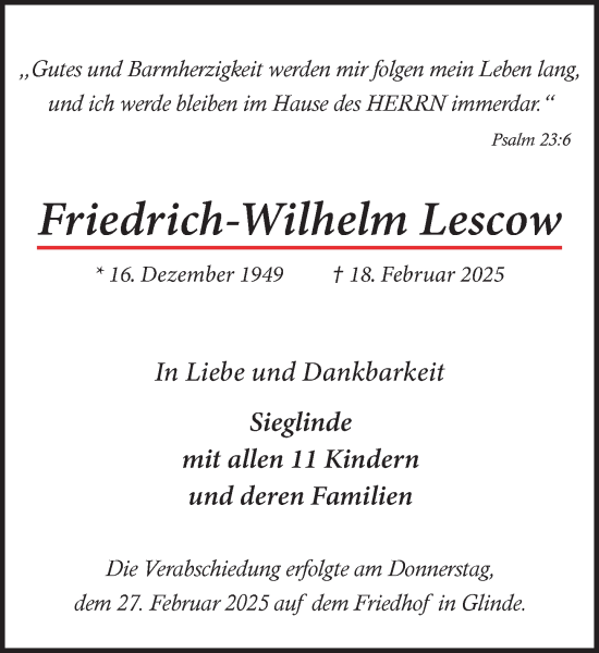 Traueranzeige von Friedrich-Wilhelm Lescow von MARKT Glinde/Reinfeld