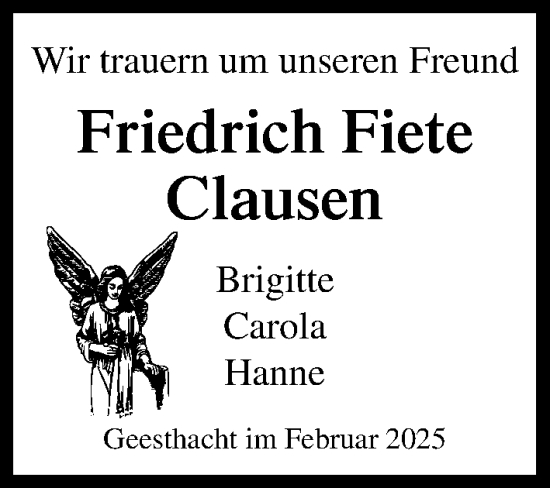 Traueranzeige von Friedrich Fiete Clausen von Wochenend Anzeiger