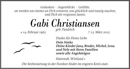Traueranzeige von Gabi Christiansen von Husumer Nachrichten, Nordfriesland Tageblatt