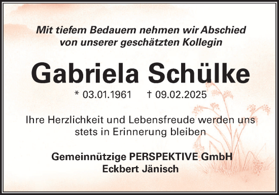 Traueranzeige von Gabriela Schülke von Elmshorner Nachrichten, Barmstedter Zeitung