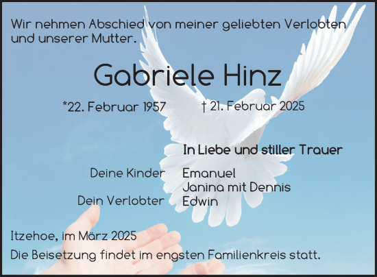 Traueranzeige von Gabriele Hinz von Norddeutsche Rundschau, Wilstersche Zeitung, Glückstädter Fortuna