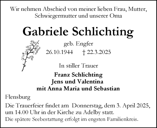 Traueranzeige von Gabriele Schlichting von Flensburger Tageblatt