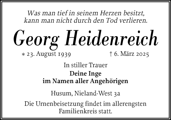 Traueranzeige von Georg Heidenreich von Husumer Nachrichten, Nordfriesland Tageblatt