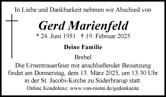 Traueranzeige von Gerd Marienfeld von Schleswiger Nachrichten, Schlei-Bote