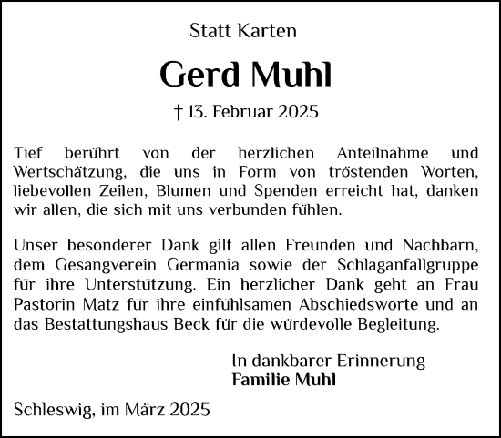 Traueranzeige von Gerd Muhl von Schleswiger Nachrichten, Schlei-Bote