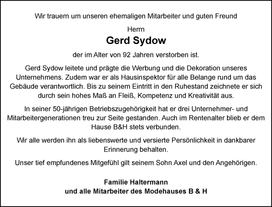 Traueranzeige von Gerd Sydow von Norddeutsche Rundschau, Wilstersche Zeitung, Glückstädter Fortuna