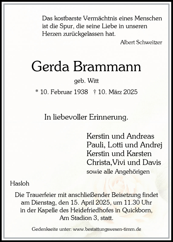 Traueranzeige von Gerda Brammann von Region Pinneberg und tip Pinneberg
