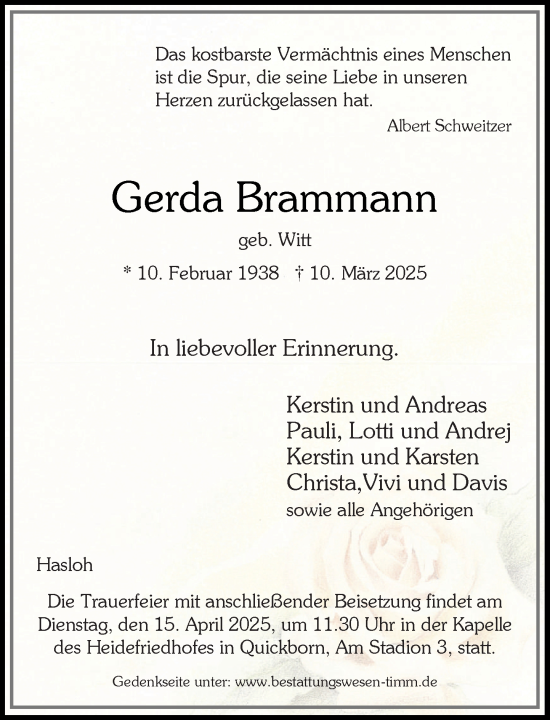 Traueranzeige von Gerda Brammann von Umschau