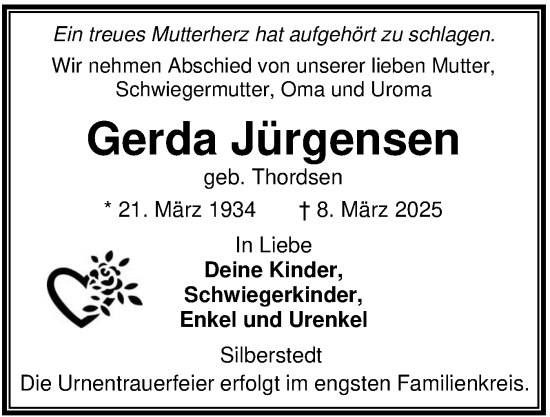 Traueranzeige von Gerda Jürgensen von Schleswiger Nachrichten, Schlei-Bote