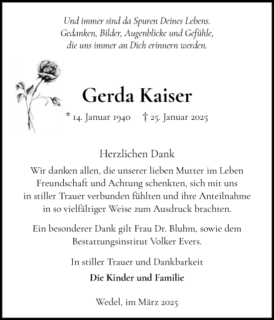 Traueranzeige von Gerda Kaiser von Wedel-Schulauer Tageblatt, tip Wedel-Schulauer Tageblatt, tip Rissener Rundschau