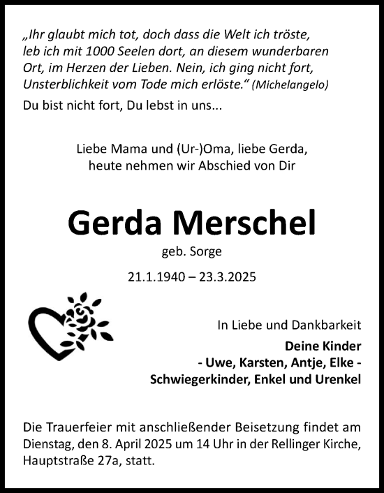Traueranzeige von Gerda Merschel von Region Pinneberg und tip Pinneberg