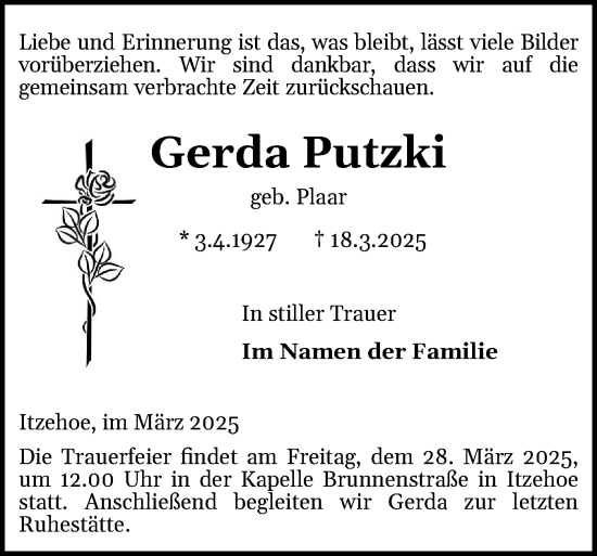 Traueranzeige von Gerda Putzki von Norddeutsche Rundschau, Wilstersche Zeitung, Glückstädter Fortuna