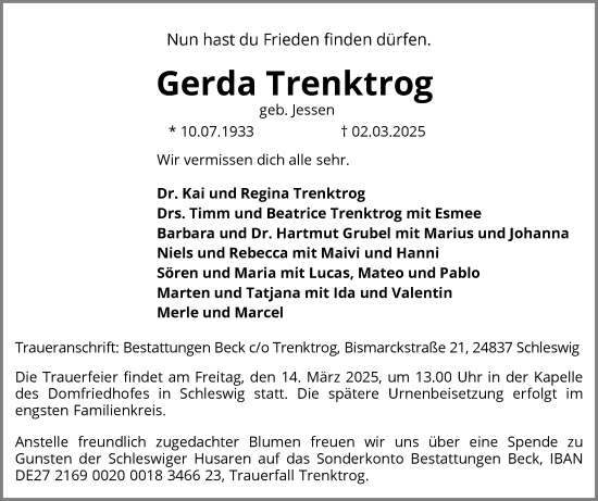 Traueranzeige von Gerda Trenktrog von Schleswiger Nachrichten, Schlei-Bote