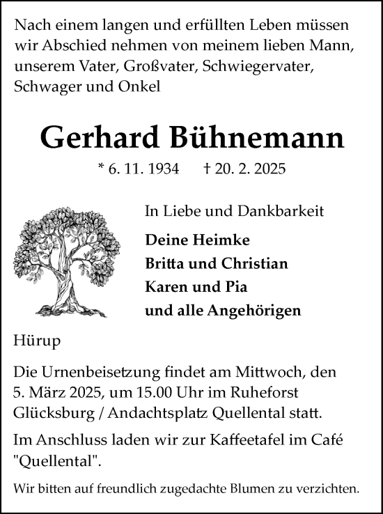 Traueranzeige von Gerhard Bühnemann von Flensburger Tageblatt