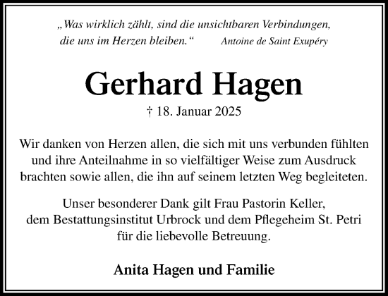 Traueranzeige von Gerhard Hagen von MARKT Ratzeburg/Mölln