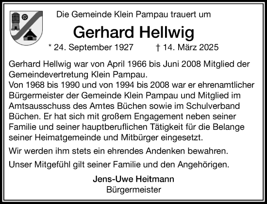 Traueranzeige von Gerhard Hellwig von Wochenend Anzeiger