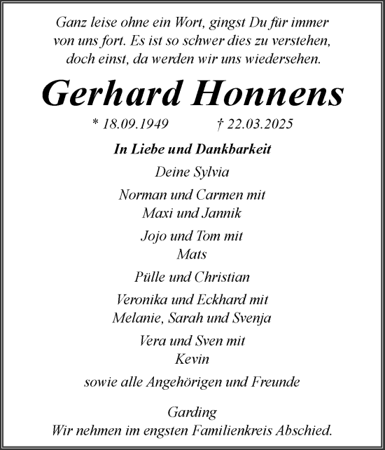 Traueranzeige von Gerhard Honnens von Husumer Nachrichten, Nordfriesland Tageblatt
