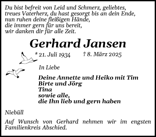Traueranzeige von Gerhard Jansen von Husumer Nachrichten, Nordfriesland Tageblatt