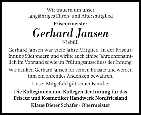 Traueranzeige von Gerhard Jansen von Husumer Nachrichten, Nordfriesland Tageblatt