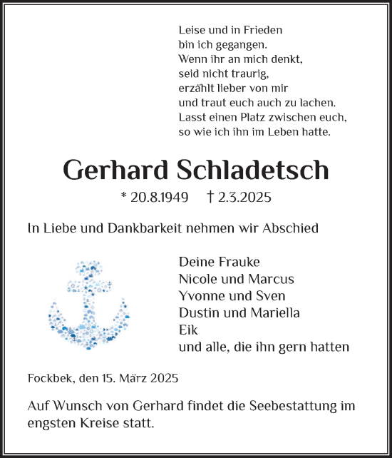 Traueranzeige von Gerhard Schladetsch von Schleswig-Holsteinische Landeszeitung