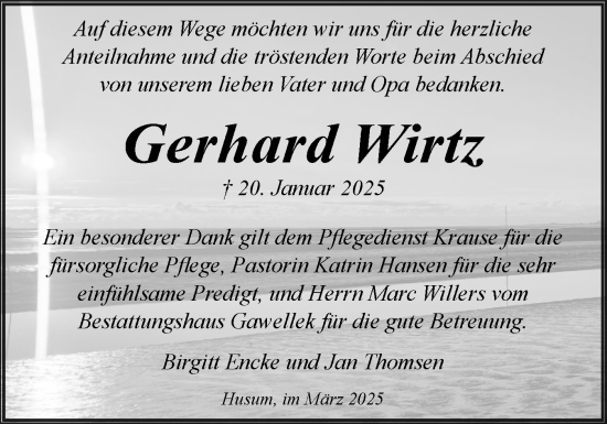 Traueranzeige von Gerhard Wirtz von Husumer Nachrichten, Nordfriesland Tageblatt