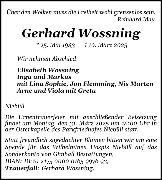 Traueranzeige von Gerhard Wossning von Husumer Nachrichten, Nordfriesland Tageblatt