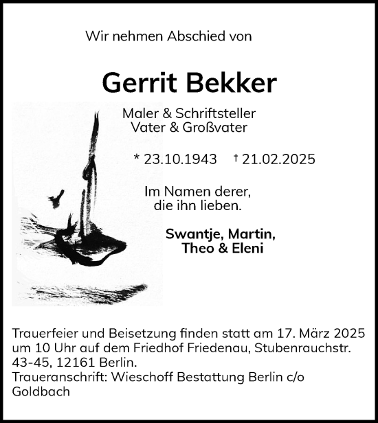 Traueranzeige von Gerrit Bekker von Digitale Anzeige