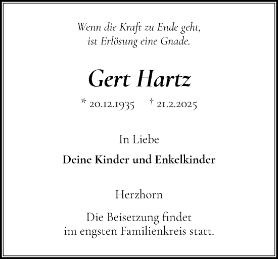 Traueranzeige von Gert Hartz von Norddeutsche Rundschau, Wilstersche Zeitung, Glückstädter Fortuna