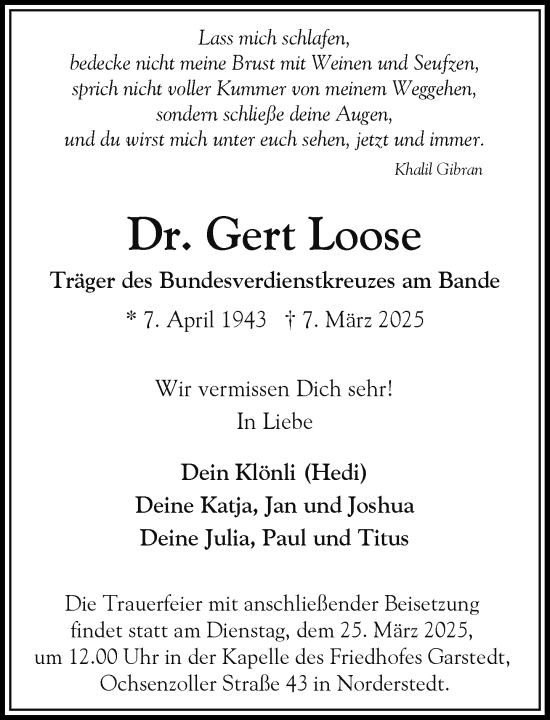 Traueranzeige von Gert Loose von Heimatspiegel