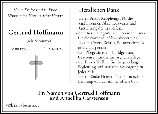 Traueranzeige von Gertrud Hoffmann von Husumer Nachrichten, Nordfriesland Tageblatt