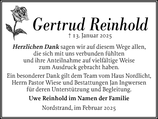 Traueranzeige von Gertrud Reinhold von Husumer Nachrichten, Nordfriesland Tageblatt
