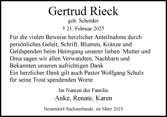 Traueranzeige von Gertrud Rieck von Norddeutsche Rundschau, Wilstersche Zeitung, Glückstädter Fortuna