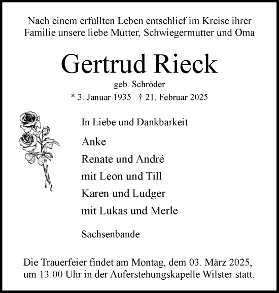 Traueranzeige von Gertrud Rieck von Norddeutsche Rundschau, Wilstersche Zeitung, Glückstädter Fortuna